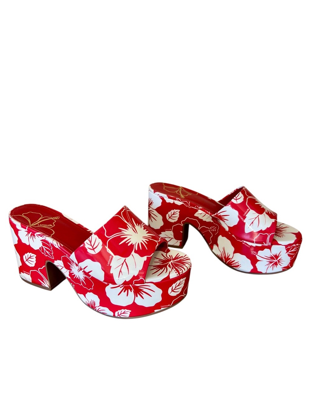 Larroude Miso Platform Sandal red patent leather Hawaiian hibiscus tropical sz 8